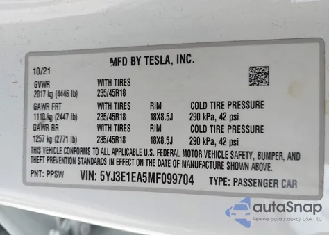 2021 Tesla Model 3 Standard Range Plus Rear-Wheel Drive from USA, damaged, VIN 5YJ3E1EA5MF099704